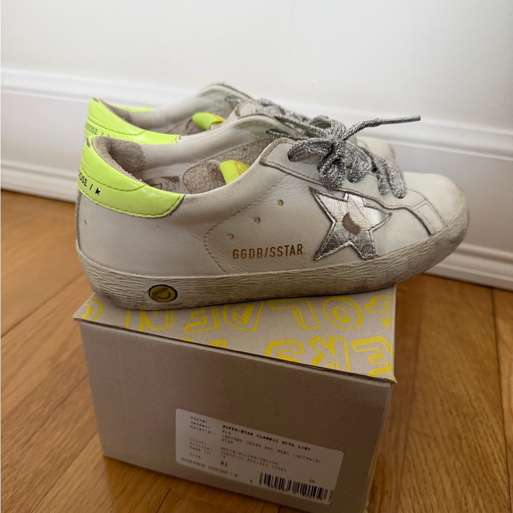 Golden Goose Kids White Sneakers with Silver and Neon Yellow